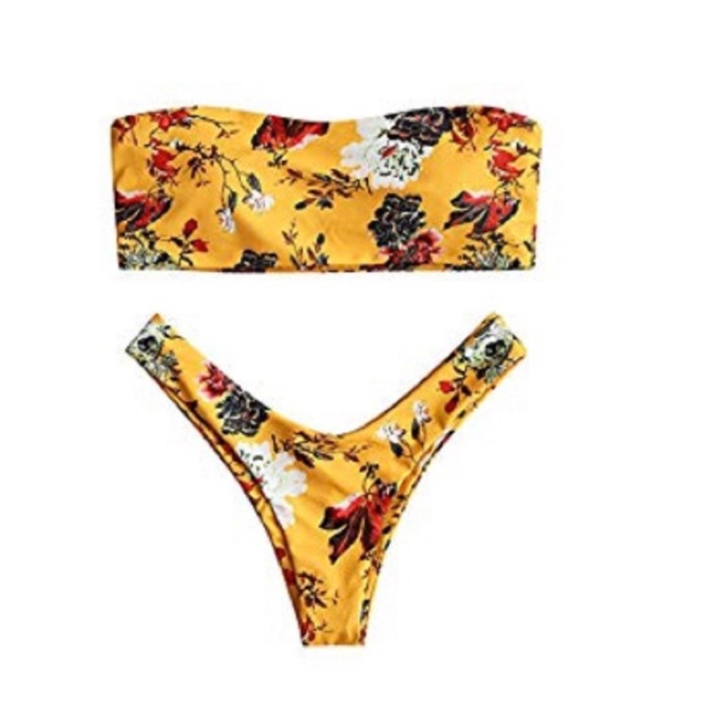 ZAFUL Strapless Yellow Bikini Bandeau Set 2 Piece